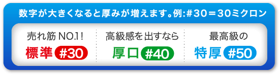 数字が大きくなると厚みが増えます。例:#30＝30ミクロン　売れ筋NO.1!標準#30　高級感を出すなら厚口#40　最高級の特厚#50