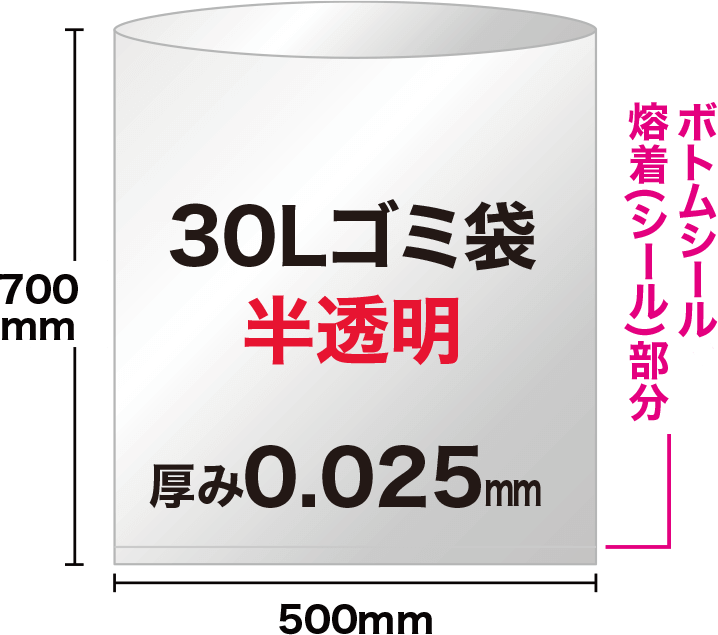 30Lの透明ゴミ袋は、ヨコ50cm×タテ70cmで、袋の底にボトムシール溶着（シール）部分があります。