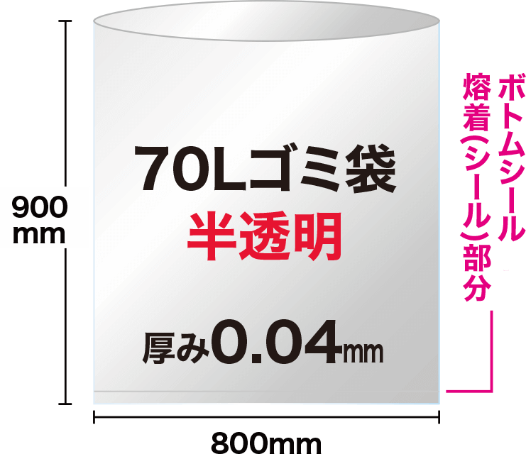 70Lの半透明(乳白)ゴミ袋は、ヨコ80cm×タテ90cmで、袋の底にボトムシール溶着（シール）部分があります。