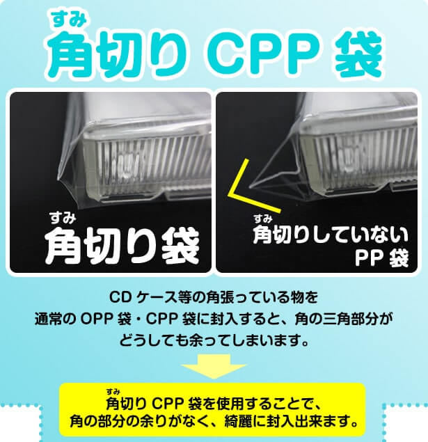 角切りCPP袋を使用することで綺麗に封入出来ます